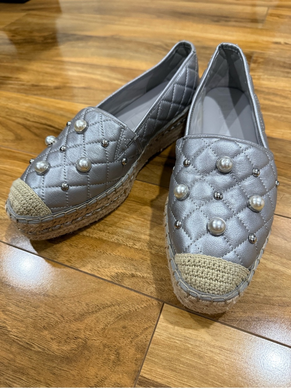 Karl Lagerfeld Quilted Pearl-Embellished Espadrille Flats - Silver